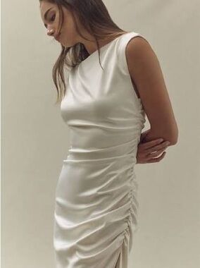 Anthropologie BHLDN Ivory Sleeveless Ruched Satin Midi Dress